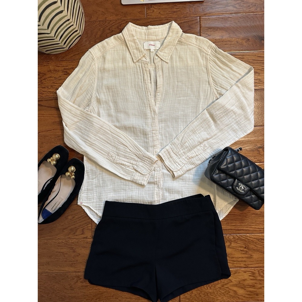 XIRENA Ivory Double Cotton Gauze Button Down Shirt Gold Thread Stitch USA XS